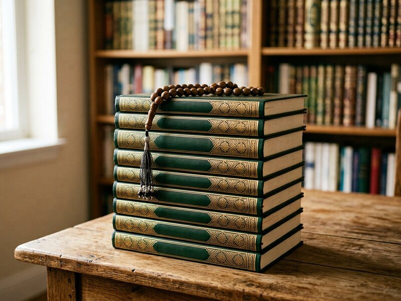A stack of Islamic studies books with wooden prayer beads