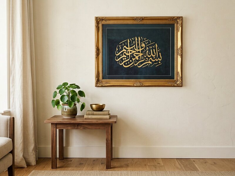 Framed golden Arabic calligraphy artwork in a study room