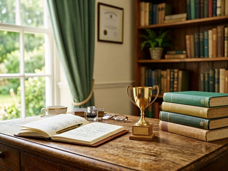 A golden trophy cup beside notebooks and books celebrating a student milestone