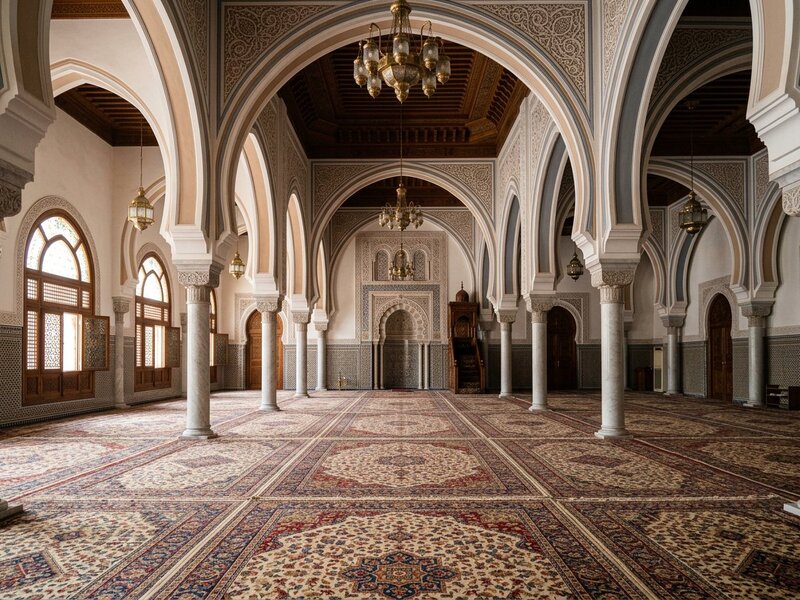 A peaceful mosque prayer hall with arches and soft light