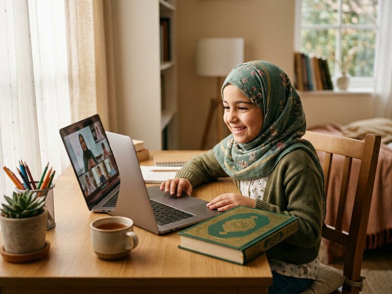 A young student smiling at a laptop during an online Quran class at home