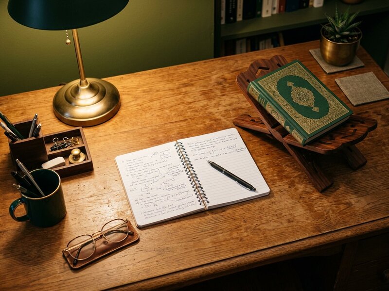 A neat study desk with handwritten notes, pen and reading glasses