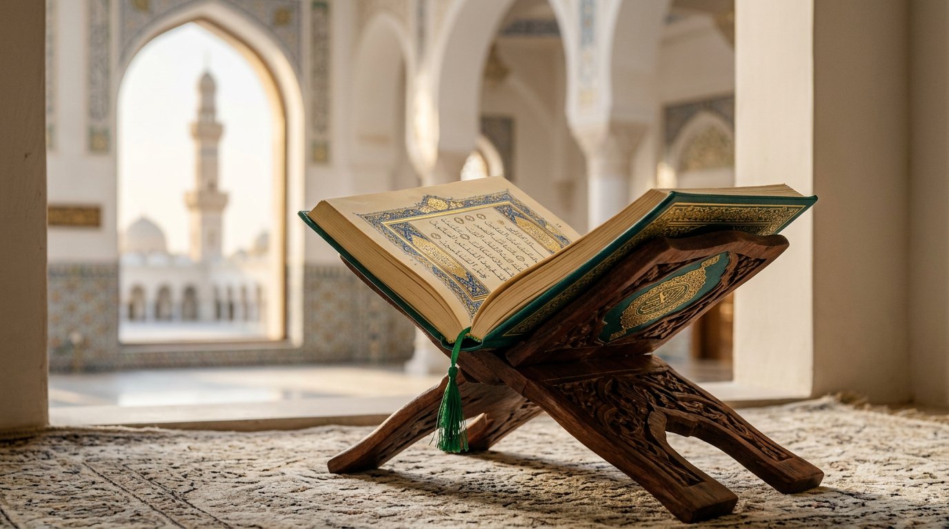 An ornate green and gold Quran resting open on a carved wooden rehal stand inside a mosque